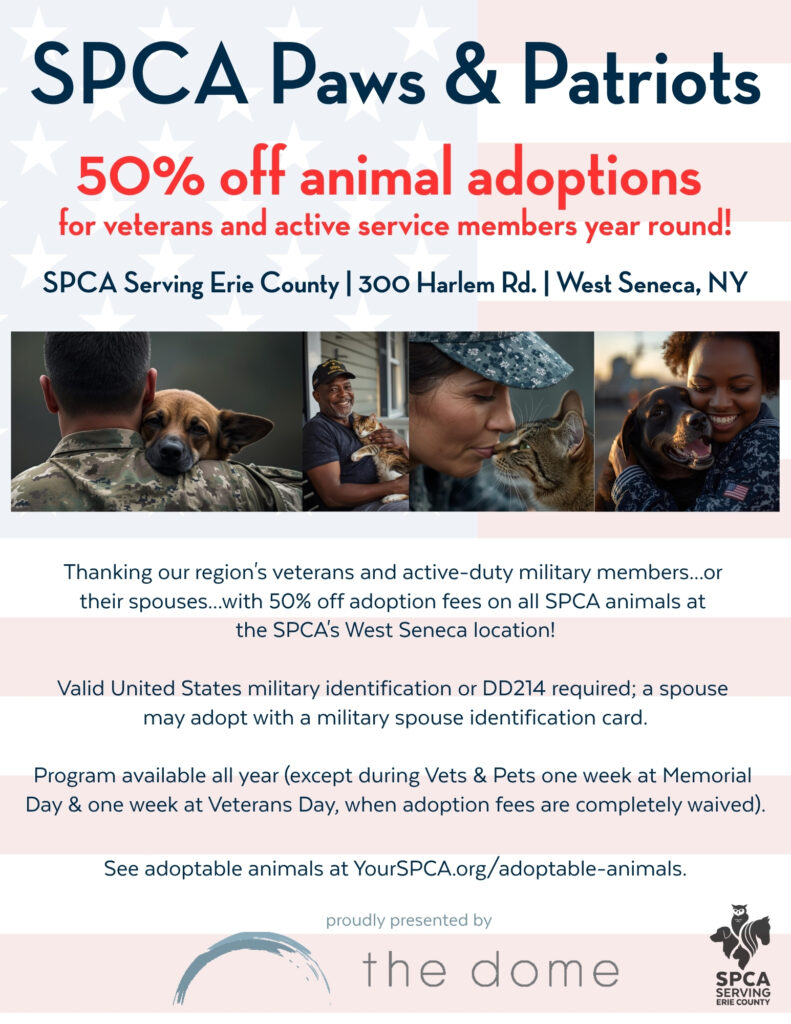 SPCA Paws & Patriots, presented by The Dome, offers 50% off all adoptions to United States active-duty military members and veterans, or their spouses.